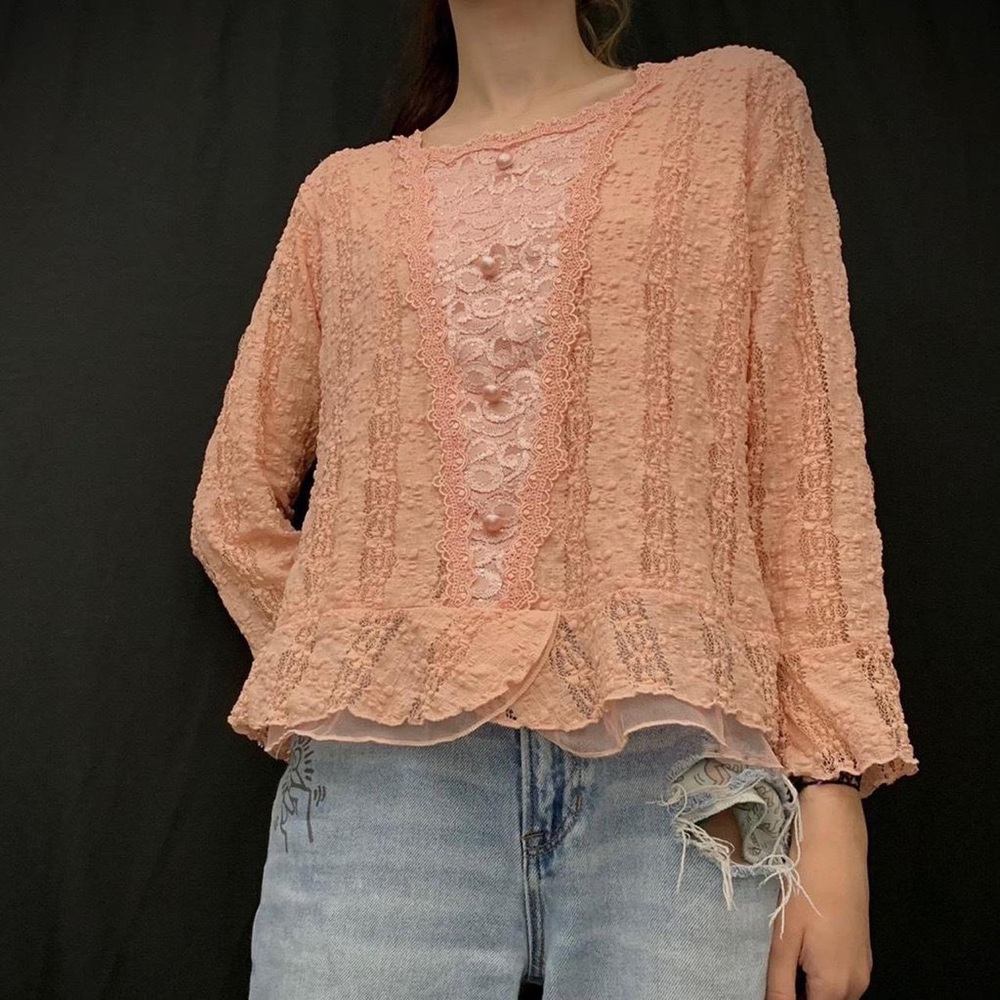 Pink whimsical fairycore princess sparkle three quelarter sleeve shirt with lace